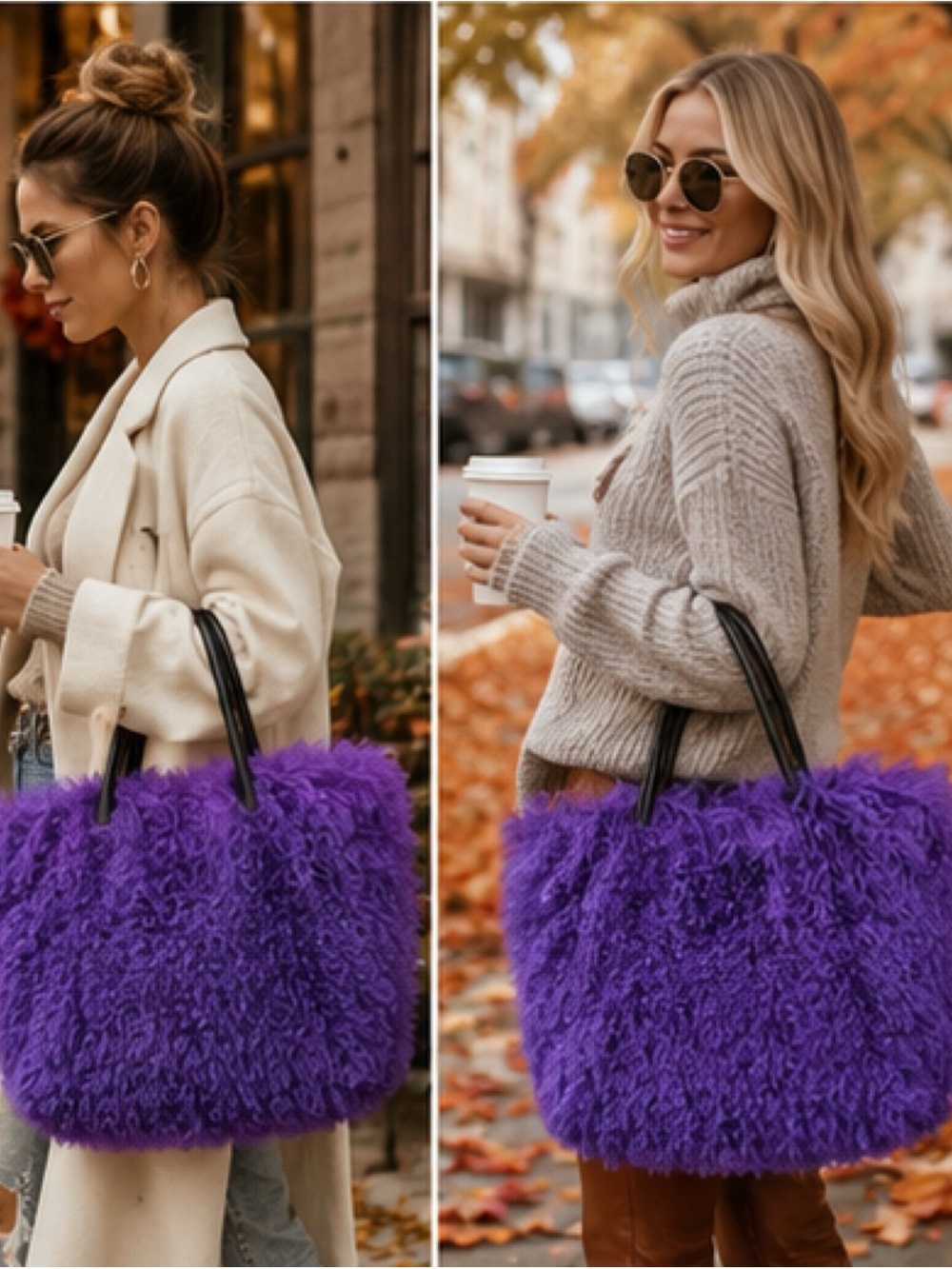 3 Mongolian Fur Tote Bags - Brown, Orange, Purple - 40 x 30 - Halloween Glam - Picture 3 of 13
